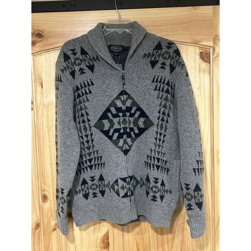 Pendleton Men’s Full Zip Cardigan 100% Lambs Wool Gray Aztec Print Size S NWT
